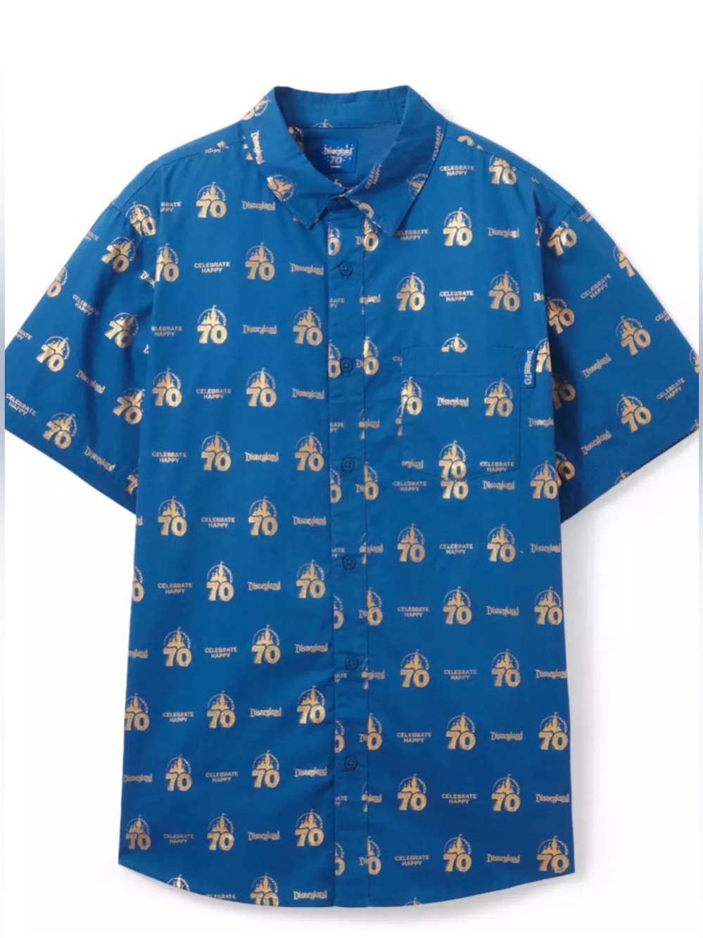 Disney Blue Short-Sleeve Button-Down with Gold 70th Print